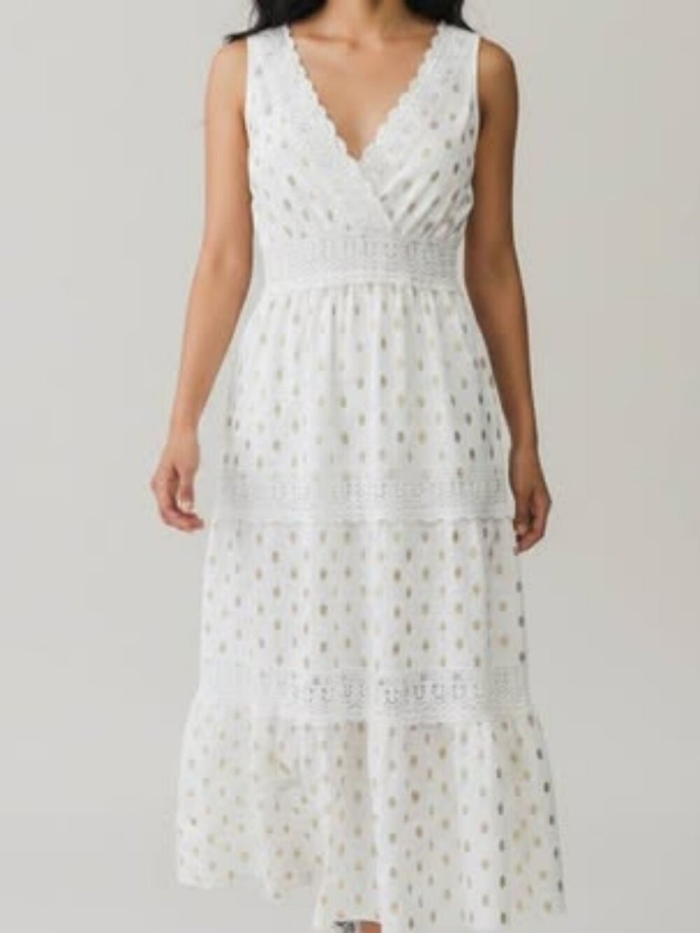 White & Gold Polka Dot Lace-Trim Tiered Maxi Dress